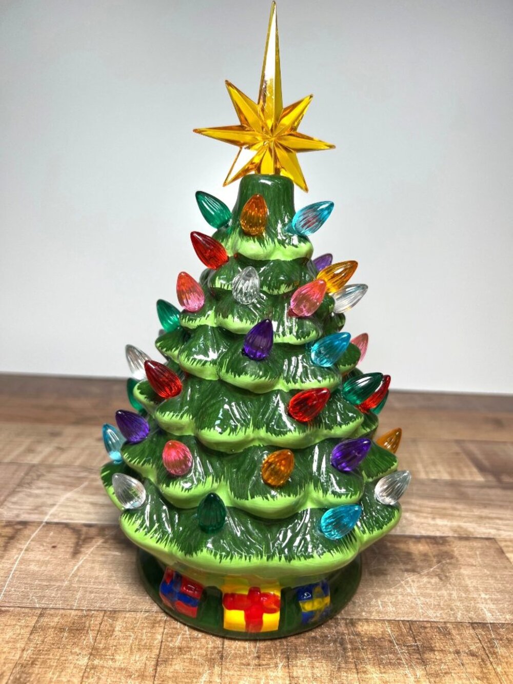 Ceramic Christmas Tree Multicolor Lights And Yellow Star Topper Battery Operated